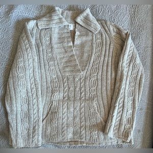 Oatmeal colored cable knit maternity sweater